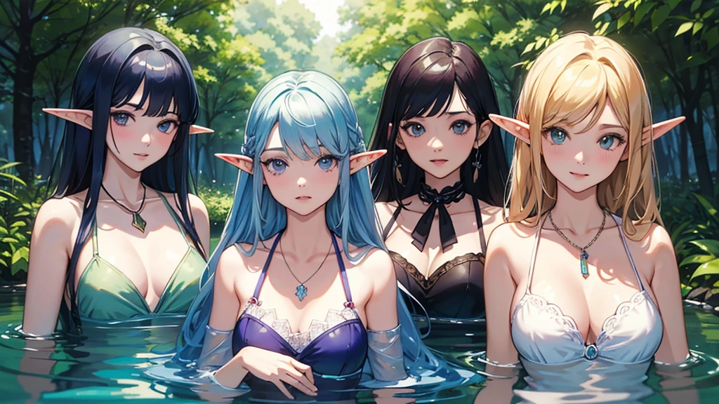 Elf、Official Art,(最high quality, masterpiece:1.2), ポートレートphotograph、3 Girls, 最high quality, masterpiece, High resolution, [purple|Sliver|green] _hair, Swimsuit accessory, necklace, jewelry, Beautiful Face, I&#39;m looking forward to, Full body image, Realistic, Outdoor, Modern Pool, Two-tone lighting, (Skin with attention to detail: 1.2), 8K Ultra HD, Digital SLR, Soft Light, high quality, Volumetric Light, Frank, photograph, High resolution, 4K, 8K, Background Blur