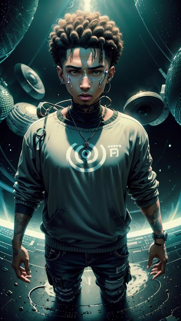 Cantor do youtube Ptu Urzua. offwhite , curly hair shaved on the side. high qualiy. 8K. Details on the clothes.A guy with urban style. trap music singing guy. With a black hole and hundreds of asteroids. 