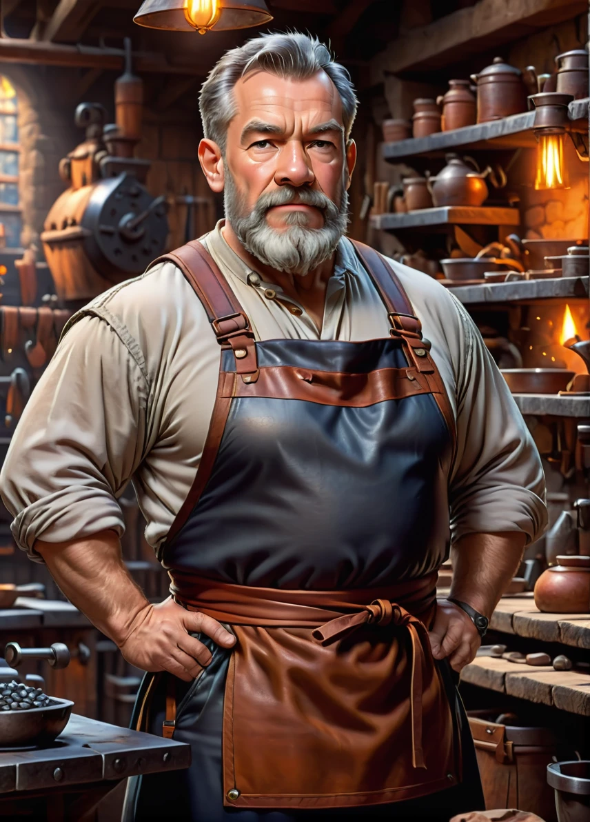 dwarf blacksmith, (old muscular male: 1.5), (gray beard: 1.8), (serious look: 1.5), muscular, (blacksmith clothing and leather apron: 1.5), smithy workshop background, smithing weapon, full shot, ((looking at viewer:1.2), (from side:0.8)), athletic, volumetric lighting dynamic lighting, real shadows, vibrant contrasting colors, style of Stephen Hickman and Stan Manoukian, ultra realistic, masterpiece, high quality, highres, sharp focus, intricate, sharp details, highly detailed, rich color, 8K,