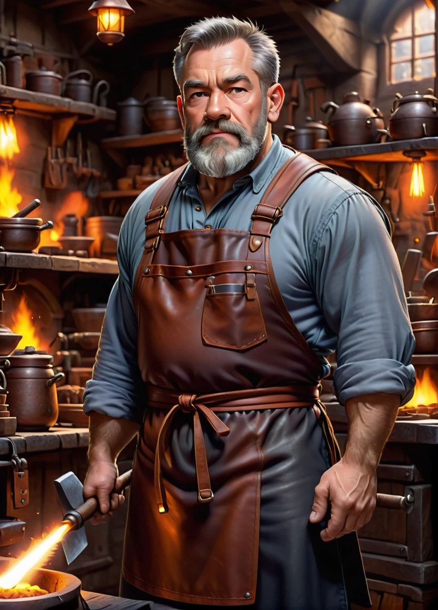 dwarf blacksmith, (old muscular male: 1.5), (gray beard: 1.8), (serious look: 1.5), muscular, (blacksmith clothing and leather apron: 1.5), smithy workshop background, smithing weapon, full shot, ((looking at viewer:1.2), (from side:0.8)), athletic, volumetric lighting dynamic lighting, real shadows, vibrant contrasting colors, style of Stephen Hickman and Stan Manoukian, ultra realistic, masterpiece, high quality, highres, sharp focus, intricate, sharp details, highly detailed, rich color, 8K,