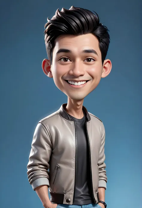 Create a 3D animation of a cartoon caricature with a big head. a 20 year old Indonesian man. He has short black hair parted on t...