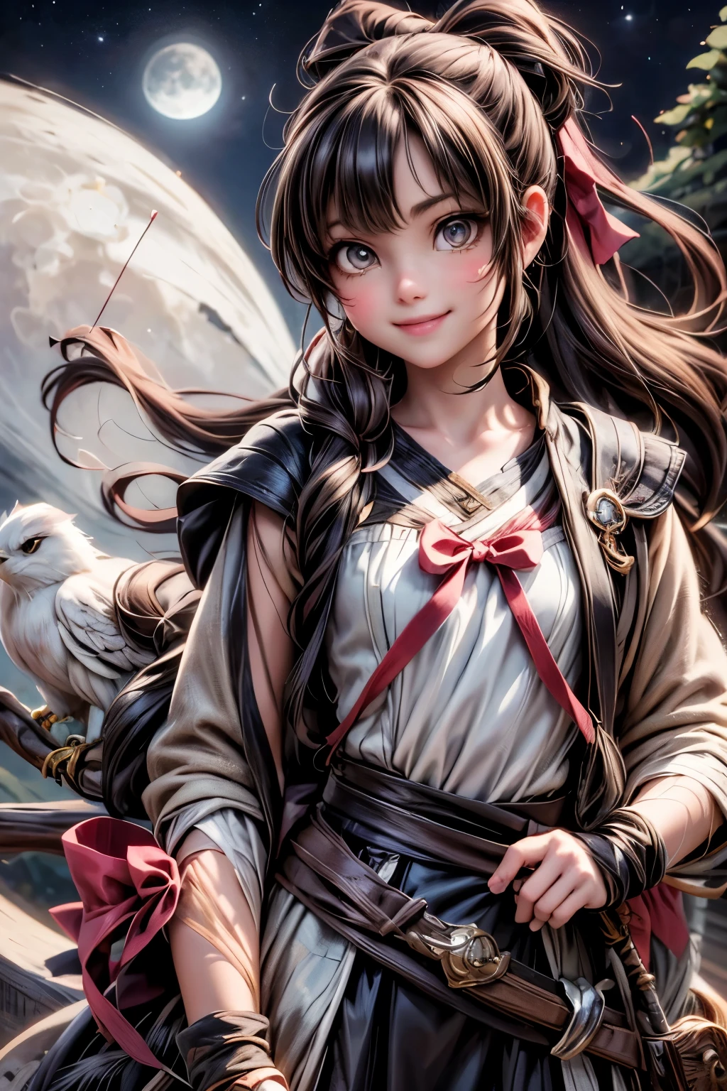 a cut archer girl smiling ((holding a bow)), a falcon perched on the bow, fantasy art style, at night, nighs scenery, moon, starry sky