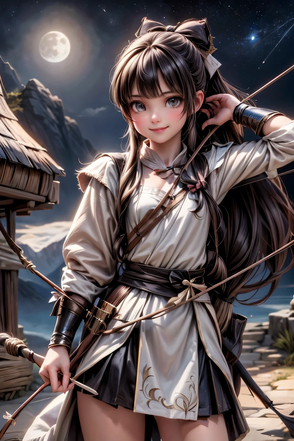 a cut archer girl smiling ((holding a bow)), girl holding a bow, archery bow, a falcon perched on the bow, fantasy art style, at night, nighs scenery, moon, starry sky