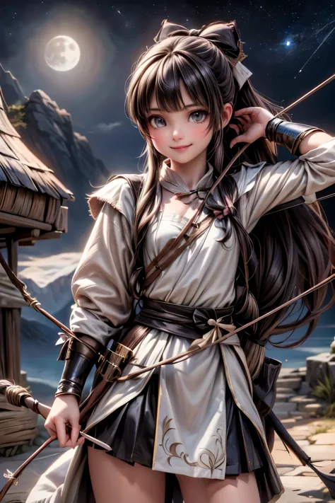 a cut archer girl smiling ((holding a bow)), girl holding a bow, archery bow, a falcon perched on the bow, fantasy art style, at...