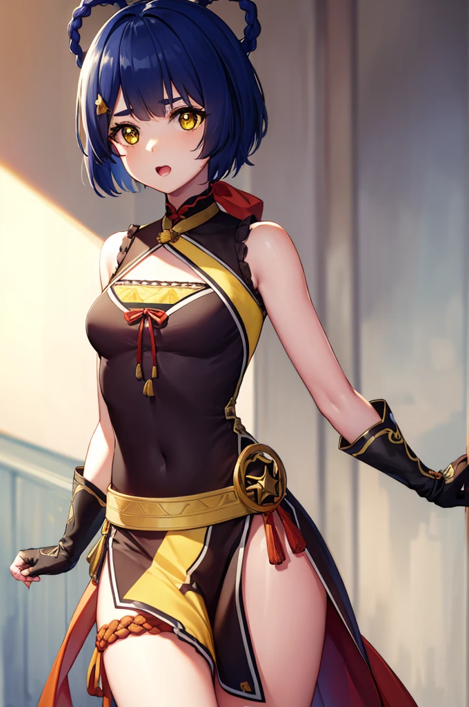 genshinxiangling, xiangling, blue hair, braid, braided hair rings, hair ornament, hair rings, hairclip, (yellow eyes:1.5), (small breasts:1.2), open mouth,
BREAK arm strap, bare shoulders, bell, belt, black footwear, black gloves, boots, brown belt, cleavage, cleavage cutout, clothing cutout, dress, fingerless gloves, gloves, high heels, jingle bell, thigh strap,
BREAK looking at viewer, (cowboy shot:1.5),
BREAK indoors, restaurant,
BREAK (masterpiece:1.2), best quality, high resolution, unity 8k wallpaper, (illustration:0.8), (beautiful detailed eyes:1.6), extremely detailed face, perfect lighting, extremely detailed CG, (perfect hands, perfect anatomy),