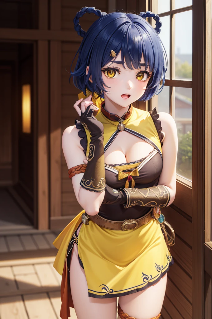 genshinxiangling, xiangling, blue hair, braid, braided hair rings, hair ornament, hair rings, hairclip, (yellow eyes:1.5), (small breasts:1.2), open mouth,
BREAK arm strap, bare shoulders, bell, belt, black footwear, black gloves, boots, brown belt, cleavage, cleavage cutout, clothing cutout, dress, fingerless gloves, gloves, high heels, jingle bell, thigh strap,
BREAK looking at viewer, (cowboy shot:1.5),
BREAK indoors, restaurant,
BREAK (masterpiece:1.2), best quality, high resolution, unity 8k wallpaper, (illustration:0.8), (beautiful detailed eyes:1.6), extremely detailed face, perfect lighting, extremely detailed CG, (perfect hands, perfect anatomy),