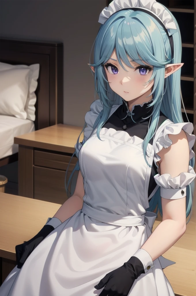 best quality, blue hair,,long hair,purple eyes,pointy ears,elf,,masterpiece, highres, solo, (maid:1.40), (long maid dress:1.15), anime_style, 14
