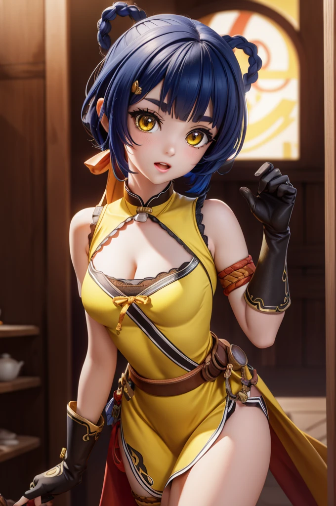 genshinxiangling, xiangling, blue hair, braid, braided hair rings, hair ornament, hair rings, hairclip, (yellow eyes:1.5), (small breasts:1.2), open mouth,
BREAK arm strap, bare shoulders, bell, belt, black footwear, black gloves, boots, brown belt, cleavage, cleavage cutout, clothing cutout, dress, fingerless gloves, gloves, high heels, jingle bell, thigh strap,
BREAK looking at viewer, (cowboy shot:1.5),
BREAK indoors, restaurant,
BREAK (masterpiece:1.2), best quality, high resolution, unity 8k wallpaper, (illustration:0.8), (beautiful detailed eyes:1.6), extremely detailed face, perfect lighting, extremely detailed CG, (perfect hands, perfect anatomy),