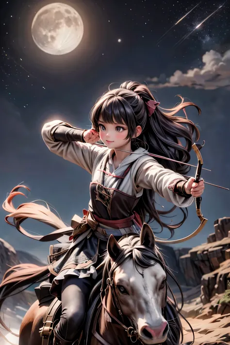 a cute archery girl aiming with a bow riding a horse, fantasy art style, at night, moon