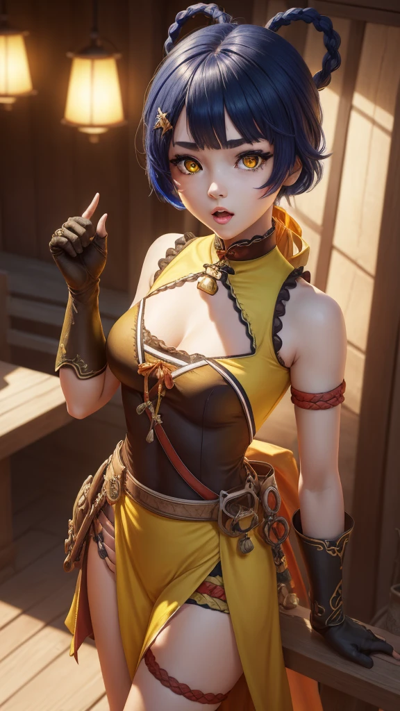 genshinxiangling, xiangling, blue hair, braid, braided hair rings, hair ornament, hair rings, hairclip, (yellow eyes:1.5), (small breasts:1.2), open mouth,
BREAK arm strap, bare shoulders, bell, belt, black footwear, black gloves, boots, brown belt, cleavage, cleavage cutout, clothing cutout, dress, fingerless gloves, gloves, high heels, jingle bell, thigh strap,
BREAK looking at viewer, (cowboy shot:1.5),
BREAK indoors, restaurant,
BREAK (masterpiece:1.2), best quality, high resolution, unity 8k wallpaper, (illustration:0.8), (beautiful detailed eyes:1.6), extremely detailed face, perfect lighting, extremely detailed CG, (perfect hands, perfect anatomy),