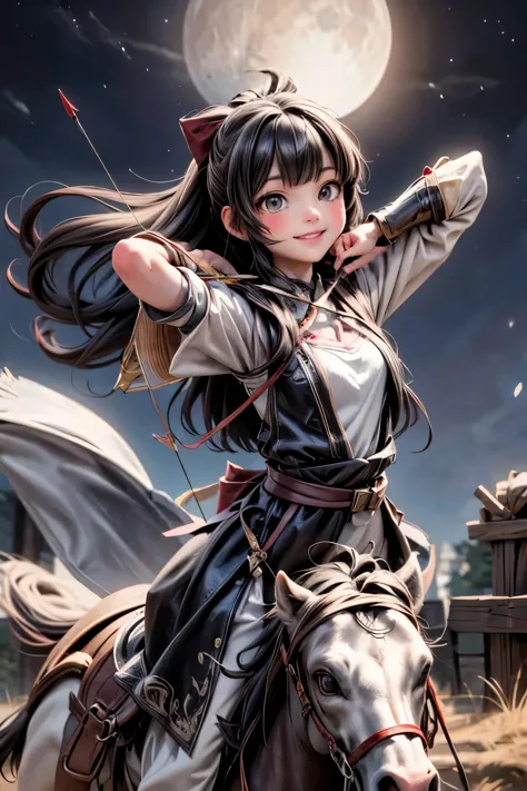 a cute girl smiling riding a horse and shooting an arrow with a bow, at night, moon