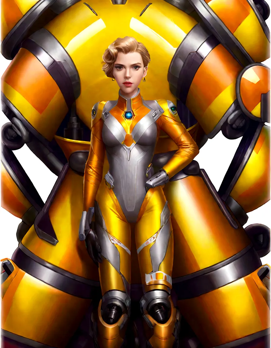 A beautiful young woman (Scarlett Johansson, age 25, Dressed appropriate to the scene) is a mecha pilot wearing an electronic sexy skinsuit, she is posing leaning against the leg of her large mecha (Labor unit, yellow and orange paint scheme, retractable t...