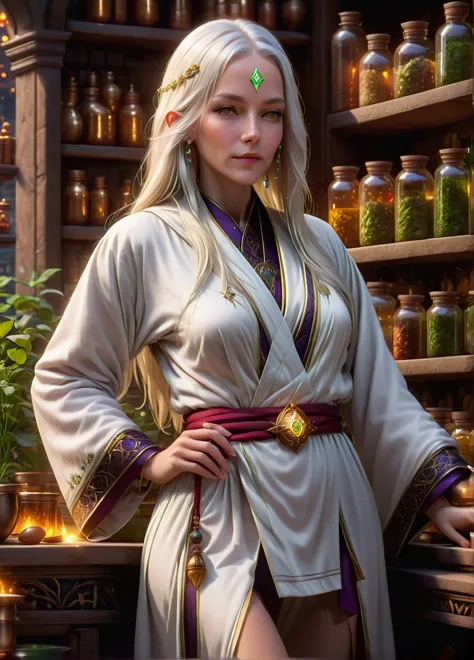 alchemist, (old slim female: 1.5), (white long hair: 1.1), (serious calm look: 1.5), skinny, arcana symbols and patterns, (white...