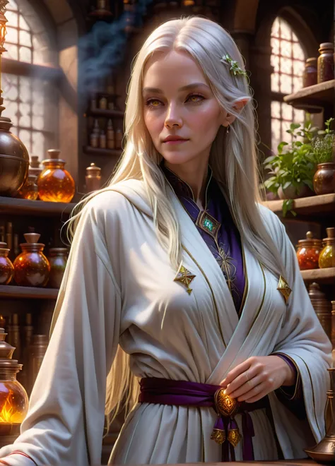 alchemist, (old slim female: 1.5), (white long hair: 1.1), (serious calm look: 1.5), skinny, arcana symbols and patterns, (white...