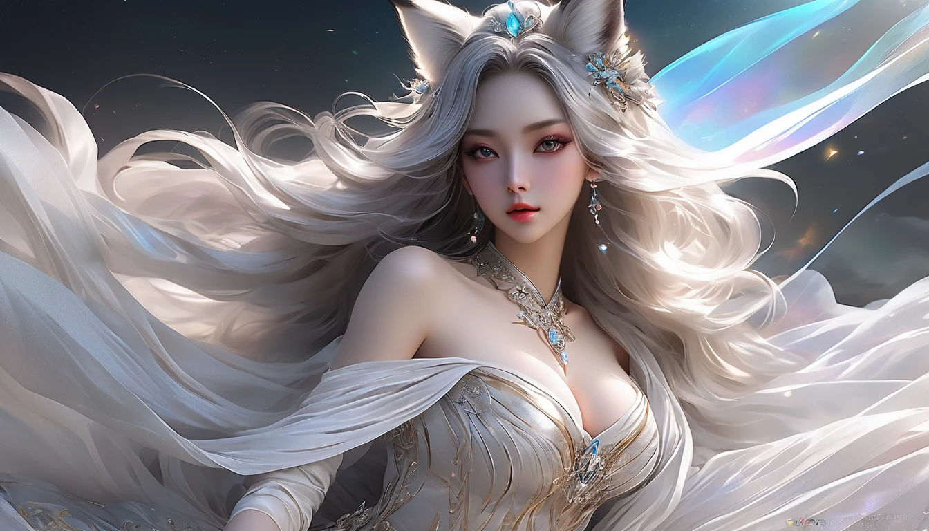 Woman in transparent dress,Viewer,(((Full breasts, Keeley University))),Slim waist,(Navel exposed,Bare waist), Long hair, extreme detailed details, Detailed fantasy art, Stunning character art, Beautiful and exquisite character art, Beautiful transparent dress, Very detailed, Girl wearing flowing Hanfu, Exquisite headpieces and jewellery,Crystal jewelry filigree, galaxy, Stunning visuals, (Dynamic Stripes, light rail:1.2), Vibrant colors,Long hair动漫女孩和fox, Beautiful platinum fox lady, 白毛fox, Beautiful character painting, Beautiful anime portrait, fox耳朵的女孩, a beautiful fox woman, Mystical artwork, Guweiz, by Ren Renfa, fox, Large Breasts，Full breasts，Golden ratio figure，Perfect body，Ultra wide-angle shooting，Full body shot，Body close-up，Full body shot，Wearing a pleated tulle skirt，Soft anime illustration, Soft dark background，Fujifilm XT3 Clear focus, f 5.6, High Detail, Clear focus, Dramatic, (Wearing openwork clothing), (Looking at the audience:1.8), (Natural light), (Tempting)translucent, Good velvet quality, Compared, Divine Light,, Silver gray hair, Sky background, Absolute Strength,Female angels，Girl in sexy silk,，Large Breasts，Full breasts，Golden ratio figure，Perfect body，Ultra wide-angle shooting，Full body shot，Body close-up，Full body shot， Wearing a tulle dress, Model shooting style, Large Breasts，Full breasts，Golden ratio figure，Perfect body，(Extremely detailed CG 8k wallpaper unit), The most beautiful artistic photos in the world, , 8K Ultra HD, ) On the big white bed，Lazy gesture，Charming and seductive expression，best quality,masterpiece,Ultra-high resolution,(Practical:1.4),original photo,Ultra-high resolution，White skin，Exquisite makeup，Long legs，Bright beautiful eyes，用深色眼影打造Exquisite makeup，