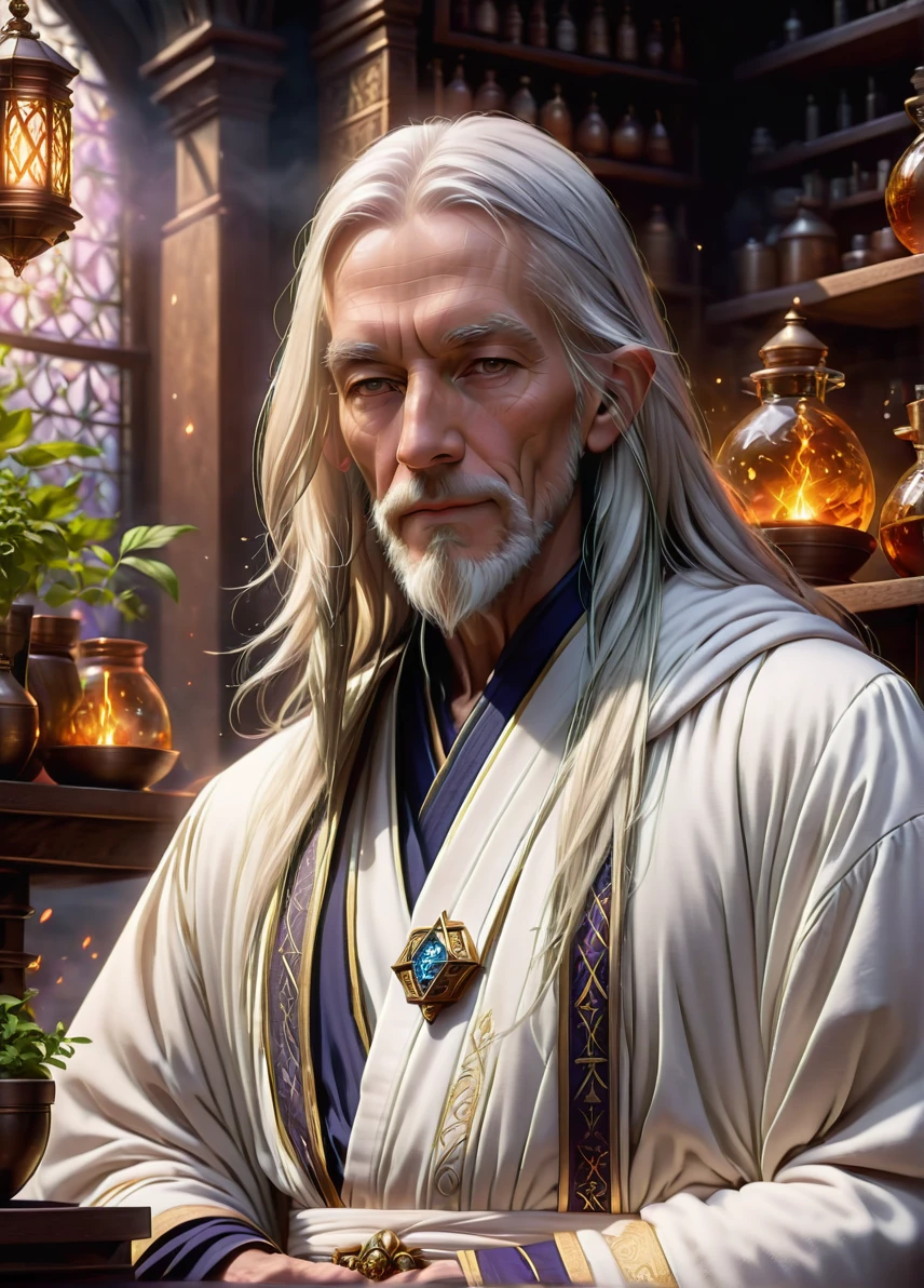 alchemist, (old slim male: 1.5), (white long hair: 1.1), (serious calm look: 1.5), skinny, arcana symbols and patterns, (white robe: 1.5), alchemy shop with herbs and potions, brewing potion, full shot, ((looking at viewer:1.2), (from side:0.8)), athletic, volumetric lighting dynamic lighting, real shadows, vibrant contrasting colors, style of Stephen Hickman and Stan Manoukian, ultra realistic, masterpiece, high quality, highres, sharp focus, intricate, sharp details, highly detailed, rich color, 8K,