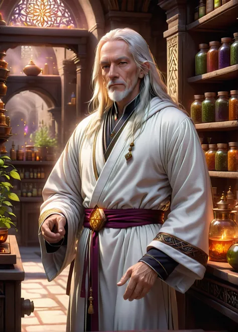 alchemist, (old slim male: 1.5), (white long hair: 1.1), (serious calm look: 1.5), skinny, arcana symbols and patterns, (white r...