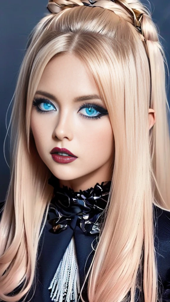 (((masterpiece, Superior quality, ultra detailed))), (((1 femme Queen of Infinity))), 24 years, (((very detailed face))), small and thin nose,  thin-lipped mouth , (((very focused eyes))), Ultra-wide slit precision blue eyes, shiny like jewels. very long eyelashes, long blonde hair in vertical blonde curls, with fringes, ((mode Steam Pink, gothic lolita fashion))