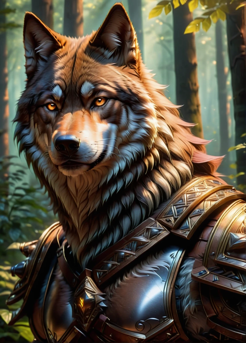 Beastmaster, tamer with wolf, (mature male: 1.5), (brown hair: 1.1), (serious calm look: 1.5), fit, nature symbols and patterns, (brown leather armor: 1.5), forest with wolfs and animals on background, ((looking at viewer:1.2), (from side:0.8)), athletic, volumetric lighting dynamic lighting, real shadows, vibrant contrasting colors, style of Stephen Hickman and Stan Manoukian, ultra realistic, masterpiece, high quality, highres, sharp focus, intricate, sharp details, highly detailed, rich color, 8K,