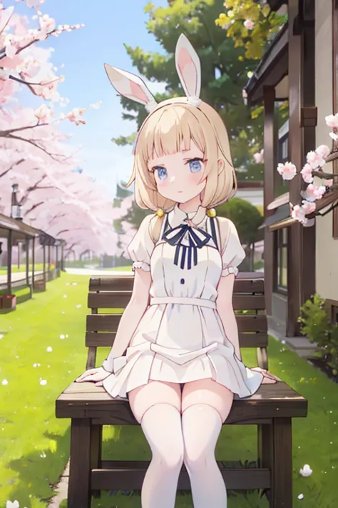 blonde girl with white bunny ears in a white dress with white shoes and white knee socks against a background of sakura trees