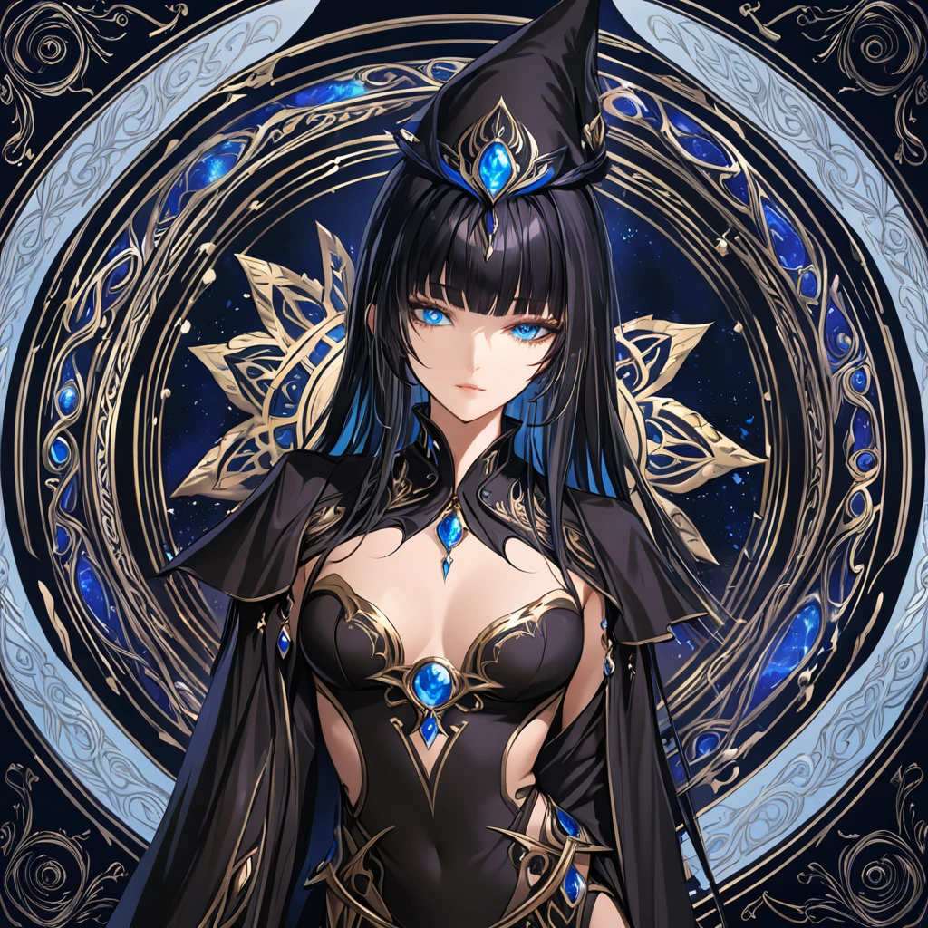 masterpiece, best quality, 1woman adult, female focus, solo, black hair, vibrant blue eyes, long hair, looking at viewer, closed mouth, bangs, Fantasy aesthetics, Highly detailed, shadowverse style, black attire, sorceress
