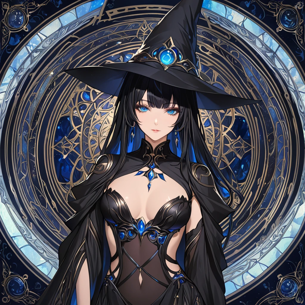 masterpiece, best quality, 1woman adult, female focus, solo, black hair, vibrant blue eyes, long hair, looking at viewer, closed mouth, bangs, Fantasy aesthetics, Highly detailed, shadowverse style, black attire, sorceress
