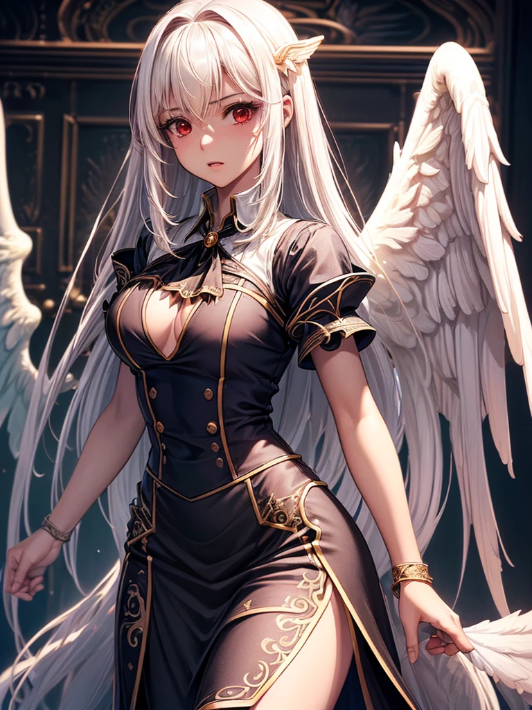 ((best quality)),(Ultra-high resolution),(Super detailed),(Detailed description),((Best CG))(Fantasy art with precise details:1.5), Black Hair，European classical long dress，(1 Female Angel:1.6),Angel Wings，side，Injuried，Blood，，Serious expression