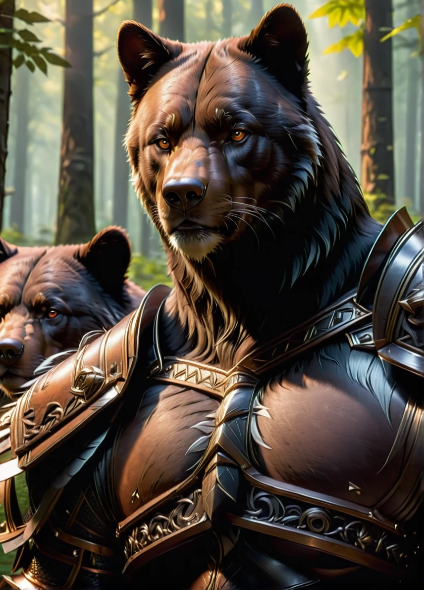 Beastmaster, tamer, (mature male: 1.6), (brown gray hair: 1.1), (serious calm look: 1.5), fit, nature symbols and patterns, (brown and black leather armor: 1.5), forest with black bear and animals on background, ((looking at viewer:1.2), (from side:0.8)), athletic, volumetric lighting dynamic lighting, real shadows, vibrant contrasting colors, style of Stephen Hickman and Stan Manoukian, ultra realistic, masterpiece, high quality, highres, sharp focus, intricate, sharp details, highly detailed, rich color, 8K,