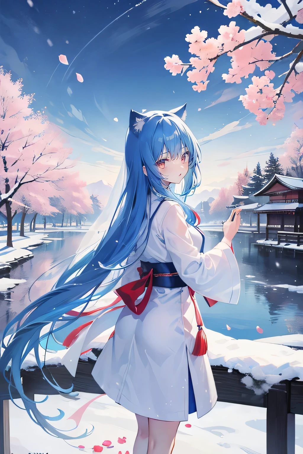 （masterpiece：1.2），Super detailed，lifelike，Expressive eyes，fair skin，perfect face shape，1 girl，
Japanese comics,Gorgeous blue hair,flowing blue hair,flowing clothes,Cat ears,Petals fall,beautiful lola,Baby Angel,
Shaking head with one hand，Cross your legs，Gentle and peaceful background，The pavilion is cool and comfortable,smile, background of tokyo,back views,snowing, winter，Nun&#39;s Clothes，Church Background。