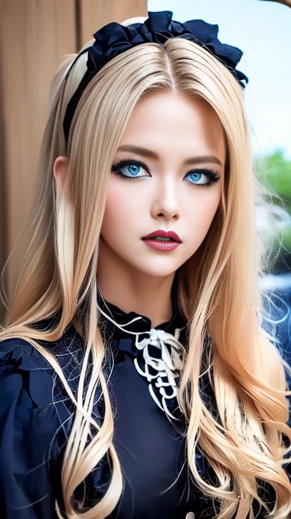 (((masterpiece, Superior quality, ultra detailed))), (((1 femme Queen of Infinity))), 24 years, (((very detailed face))), small and thin nose,  thin-lipped mouth , (((very focused eyes))), Ultra-wide slit precision blue eyes, shiny like jewels. very long eyelashes, long blonde hair in vertical blonde curls, with fringes, ((mode Steam Pink, gothic lolita fashion))