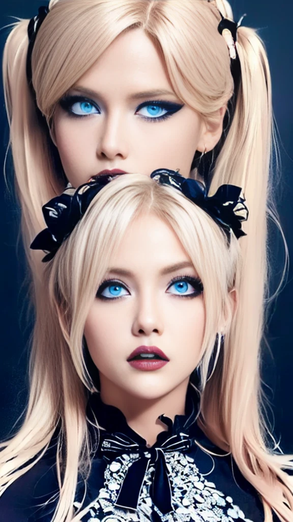 (((masterpiece, Superior quality, ultra detailed))), (((1 femme Queen of Infinity))), 24 years, (((very detailed face))), small and thin nose,  thin-lipped mouth , (((very focused eyes))), Ultra-wide slit precision blue eyes, shiny like jewels. very long eyelashes, long blonde hair in vertical blonde curls, with fringes, ((mode Steam Pink, gothic lolita fashion))