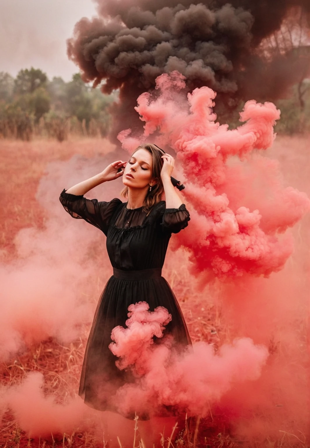 araffe woman in black dress standing in a field of red smoke, thick dust and red tones, red smoke, with smoke, red mist, pink smoke, red fog on the ground, red fog, smoke grenades, red - toned mist, smoke grenade, by Julia Pishtar, red mood in background, in front of smoke behind