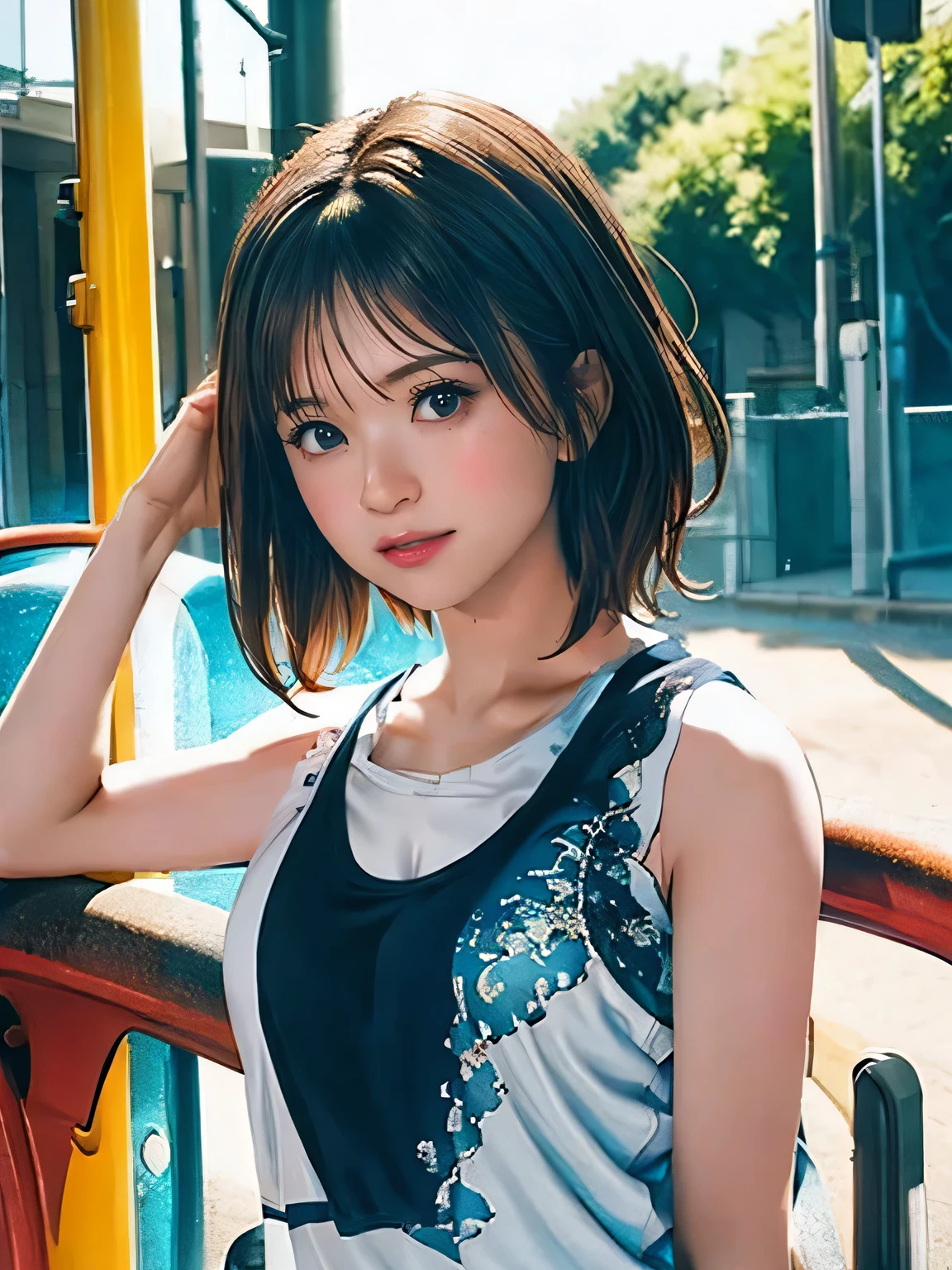 1girl, woman, 25 years old woman, girl in summer clothes, beautiful, medium breasts, flirtatious look, ((very detailed)), (perfectly detailed face), (well detailed hand), photorealistic image, high res, 1girl, woman, ((tanktop jersey:1.78)), looking at viewer:1.8, (1girl eyes looking at viewer:1.55), camisole, Upper body, Plain costumes, Simple Background, Emphasis on the chest, Hands behind the body, White outfit, photorealistic, (bokeh), best quality, 8k, UHD, UHD
