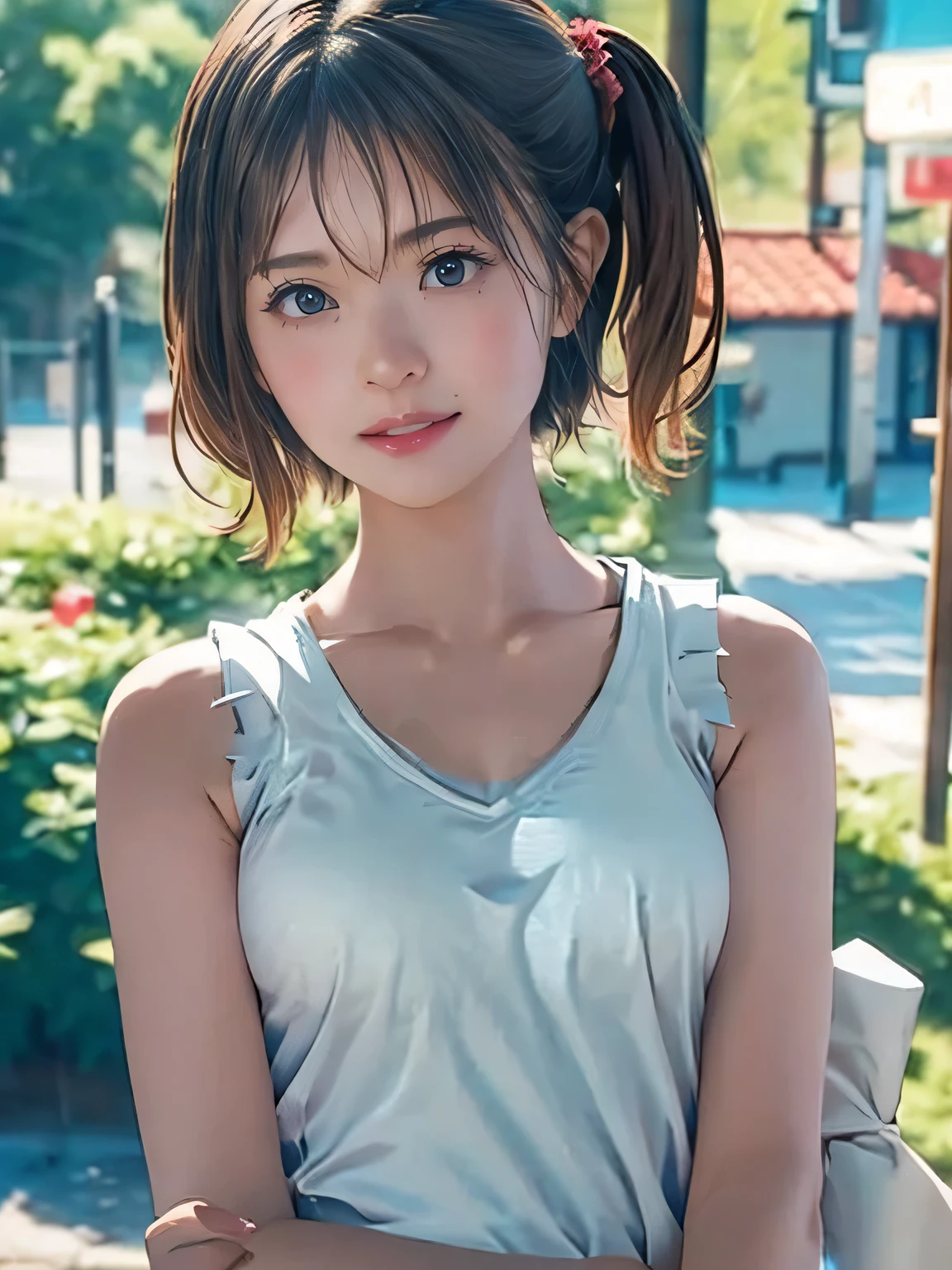 1girl, woman, 25 years old woman, girl in summer clothes, beautiful, medium breasts, flirtatious look, ((very detailed)), (perfectly detailed face), (well detailed hand), photorealistic image, high res, 1girl, woman, ((tanktop jersey:1.78)), looking at viewer:1.8, (1girl eyes looking at viewer:1.55), camisole, Upper body, Plain costumes, Simple Background, Emphasis on the chest, Hands behind the body, White outfit, photorealistic, (bokeh), best quality, 8k, UHD, UHD
