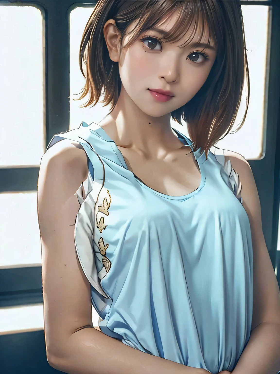 1girl, woman, 25 years old woman, girl in summer clothes, beautiful, medium breasts, flirtatious look, ((very detailed)), (perfectly detailed face), (well detailed hand), photorealistic image, high res, 1girl, woman, ((tanktop jersey:1.78)), looking at viewer:1.8, (1girl eyes looking at viewer:1.55), camisole, Upper body, Plain costumes, Simple Background, Emphasis on the chest, Hands behind the body, White outfit, photorealistic, (bokeh), best quality, 8k, UHD, UHD
