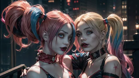 (((harley quinn))),hair with pink and blue highlights in the Harley Quinn style, (pink streaked hair on the left and blue streak...
