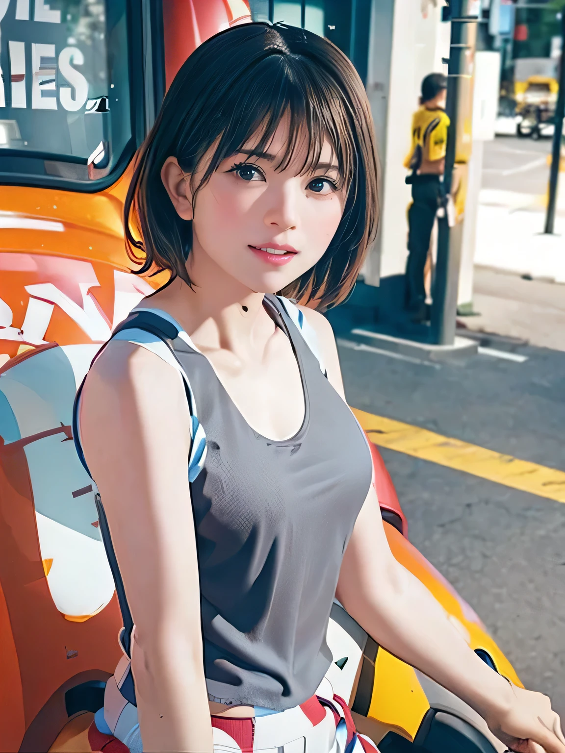 1girl, woman, 25 years old woman, girl in summer clothes, beautiful, medium breasts, flirtatious look, ((very detailed)), (perfectly detailed face), (well detailed hand), photorealistic image, high res, 1girl, woman, ((tanktop jersey:1.78)), looking at viewer:1.8, (1girl eyes looking at viewer:1.55), camisole, Upper body, Plain costumes, Simple Background, Emphasis on the chest, Hands behind the body, White outfit, photorealistic, (bokeh), best quality, 8k, UHD, UHD
