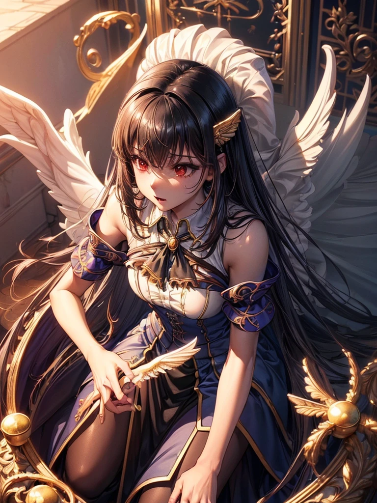 ((best quality)),(Ultra-high resolution),(Super detailed),(Detailed description),((Best CG))(Fantasy art with precise details:1.5), Black Hair，European classical long dress，(1 Female Angel:1.6),Angel Wings，side，Injuried，Blood，，Serious expression