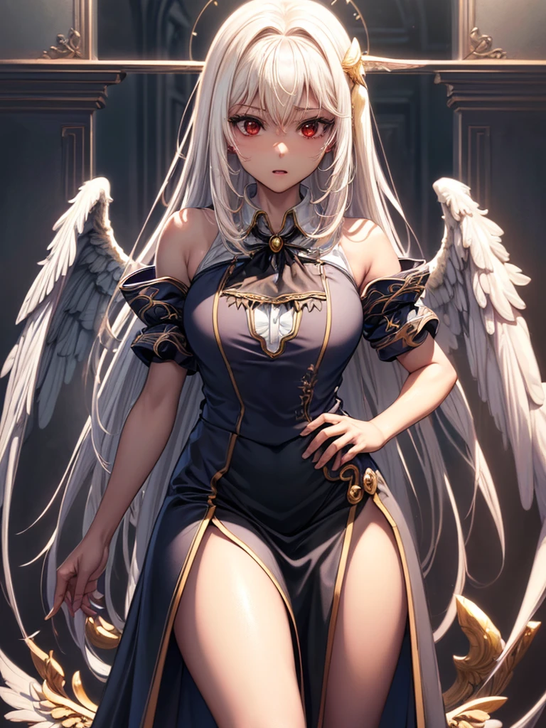 ((best quality)),(Ultra-high resolution),(Super detailed),(Detailed description),((Best CG))(Fantasy art with precise details:1.5), Black Hair，European classical long dress，(1 Female Angel:1.6),Angel Wings，side，Injuried，Blood，，Serious expression