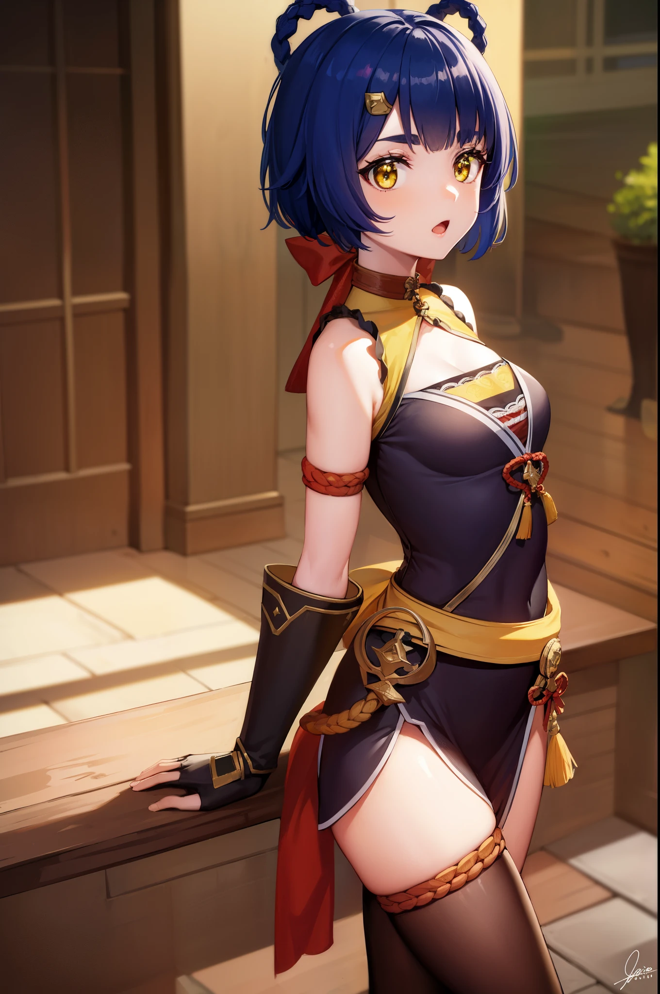 genshinxiangling, xiangling, blue hair, braid, braided hair rings, hair ornament, hair rings, hairclip, (yellow eyes:1.5), (small breasts:1.2), open mouth,
BREAK arm strap, bare shoulders, bell, belt, black footwear, black gloves, boots, brown belt, cleavage, cleavage cutout, clothing cutout, dress, fingerless gloves, gloves, high heels, jingle bell, thigh strap,
BREAK looking at viewer, (cowboy shot:1.5),
BREAK indoors, restaurant,
BREAK (masterpiece:1.2), best quality, high resolution, unity 8k wallpaper, (illustration:0.8), (beautiful detailed eyes:1.6), extremely detailed face, perfect lighting, extremely detailed CG, (perfect hands, perfect anatomy),