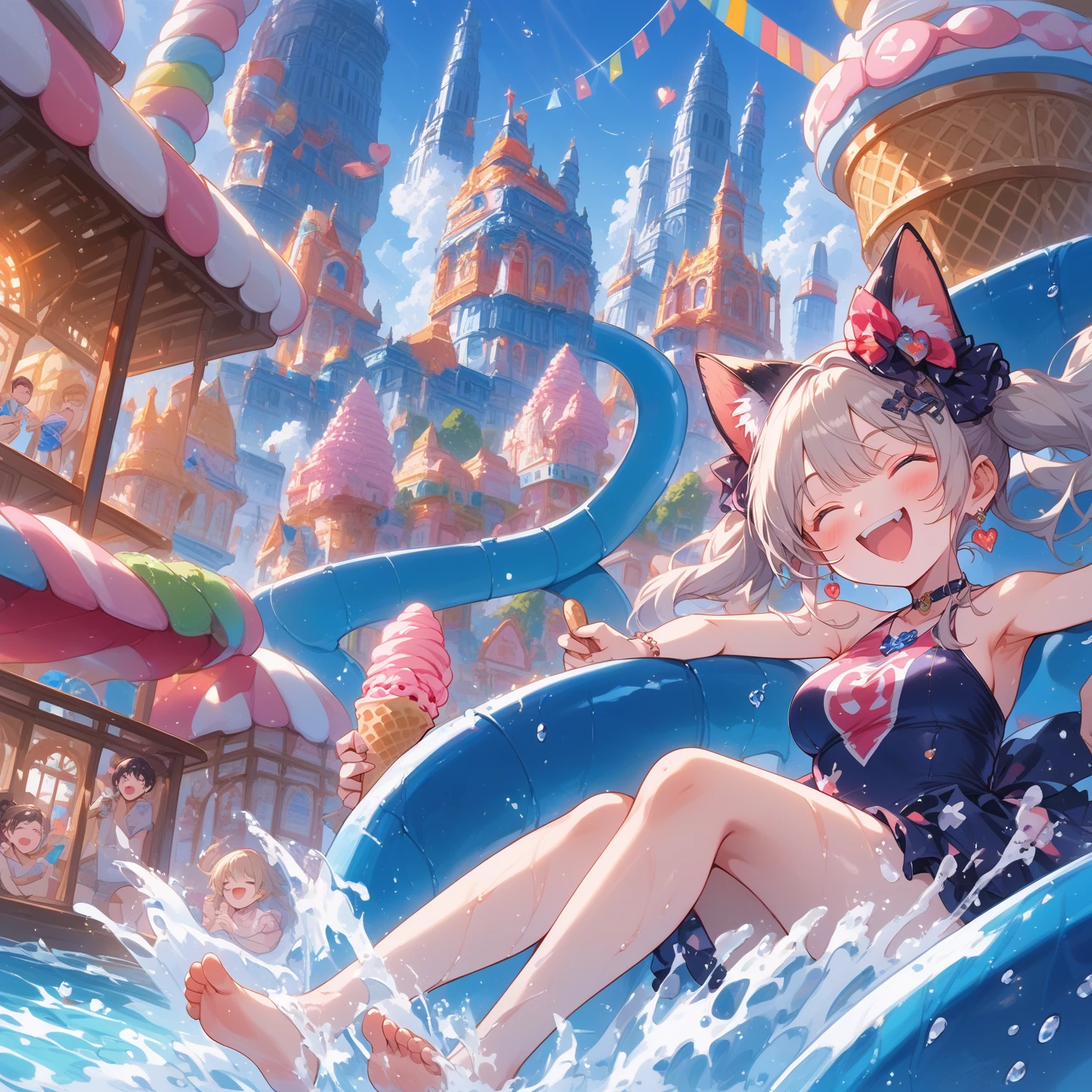 score_9, score_8_up, score_7_up, source_anime,masterpiece, best quality, high resolution, extremely detailed CG, absurdres, highres, A dreamy water playground, all the buildings are made of ice cream, the ice cream castle is colorful, and the girl in swimsuit is sliding down the water slide, very happy, neondskdrmsxl