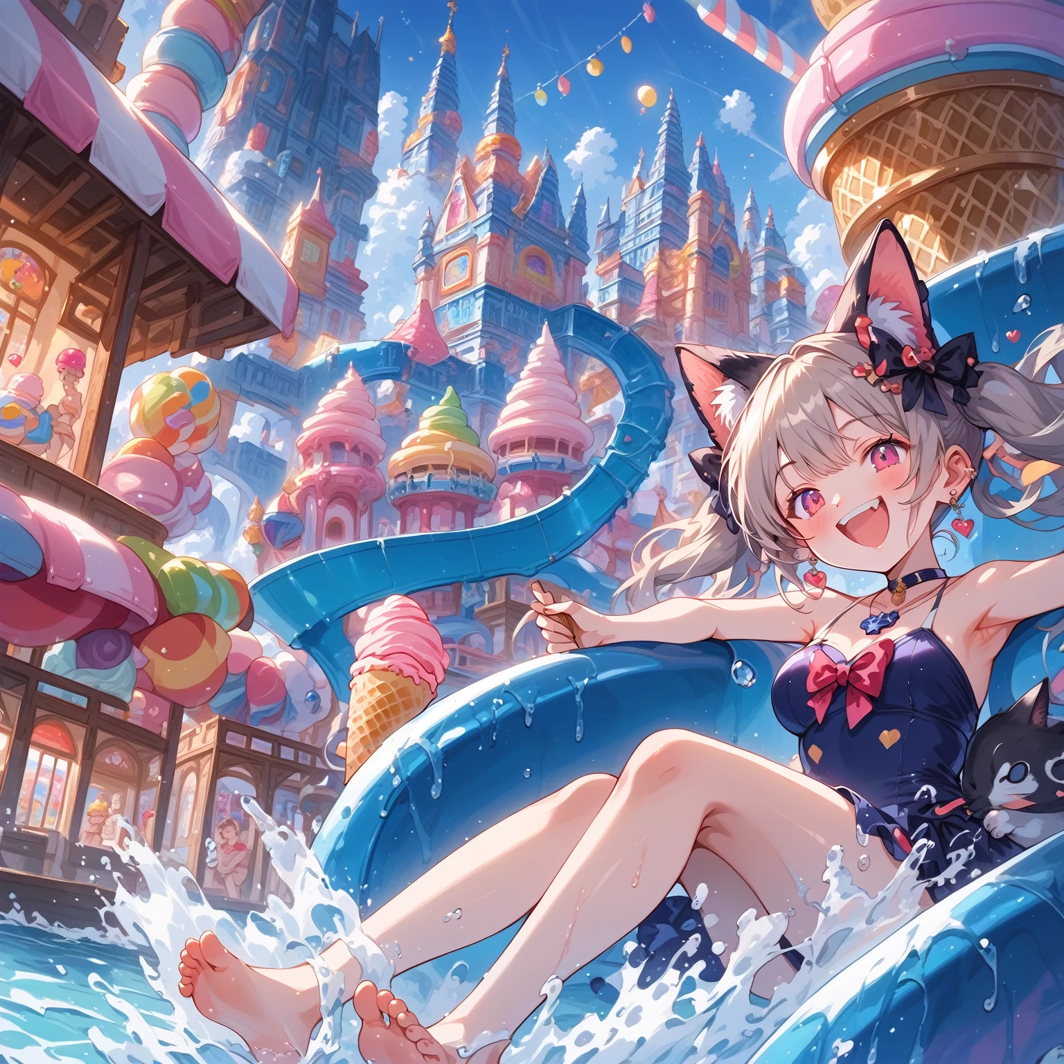 score_9, score_8_up, score_7_up, source_anime,masterpiece, best quality, high resolution, extremely detailed CG, absurdres, highres, A dreamy water playground, all the buildings are made of ice cream, the ice cream castle is colorful, and the girl in swimsuit is sliding down the water slide, very happy, neondskdrmsxl