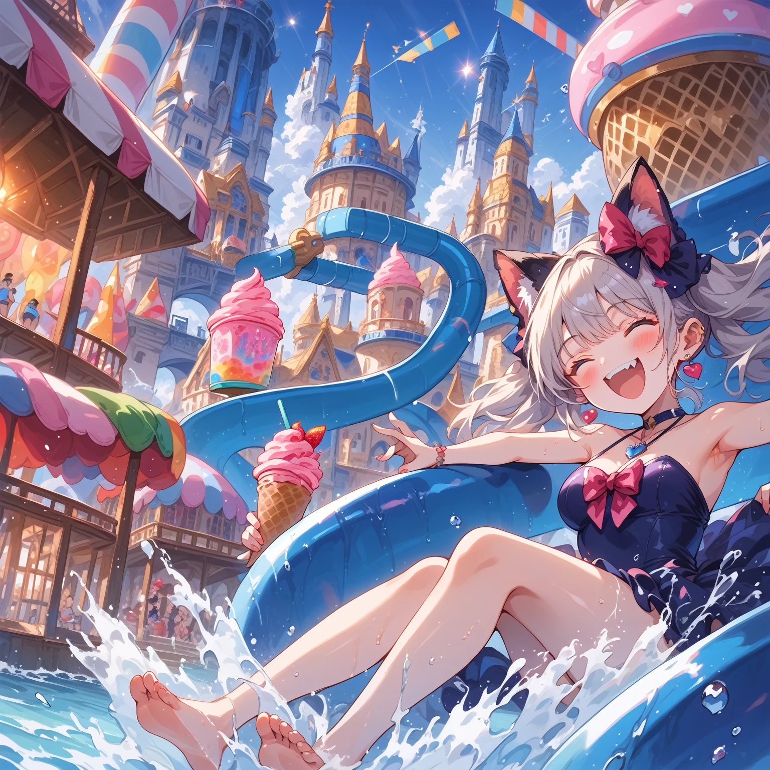 score_9, score_8_up, score_7_up, source_anime,masterpiece, best quality, high resolution, extremely detailed CG, absurdres, highres, A dreamy water playground, all the buildings are made of ice cream, the ice cream castle is colorful, and the girl in swimsuit is sliding down the water slide, very happy, neondskdrmsxl