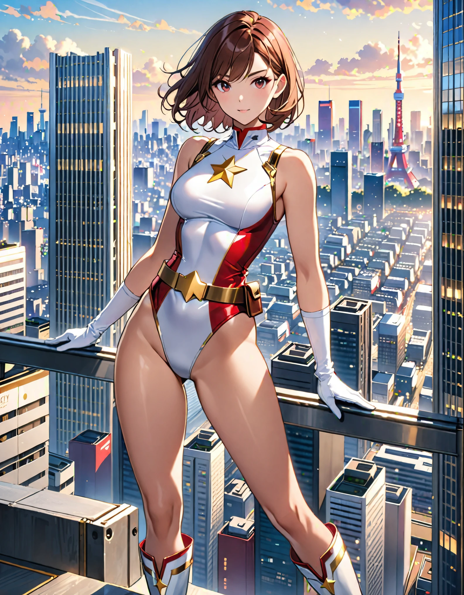 (masterpiece), (best quality), (high res), medium breasts, ((leotard, white and red leotard, matching leotard, sleeveless, bare legs)), ((tight belt, gold belt)), ((boots, matching boots, ankle-high boots, white boots)), ((gloves, white gloves)), city backdrop, tokyo city backdrop, solo, solo focus, standing, (full body), cowboy shot, superhero, ((beautiful detailed eyes)), ((gold star symbol on chest)), (brown hair, medium hair, bob hair, purple eyes), (perfect hands, perfect anatomy), cowboy shot, superhero, ((beautiful detailed eyes)), full body costume design.