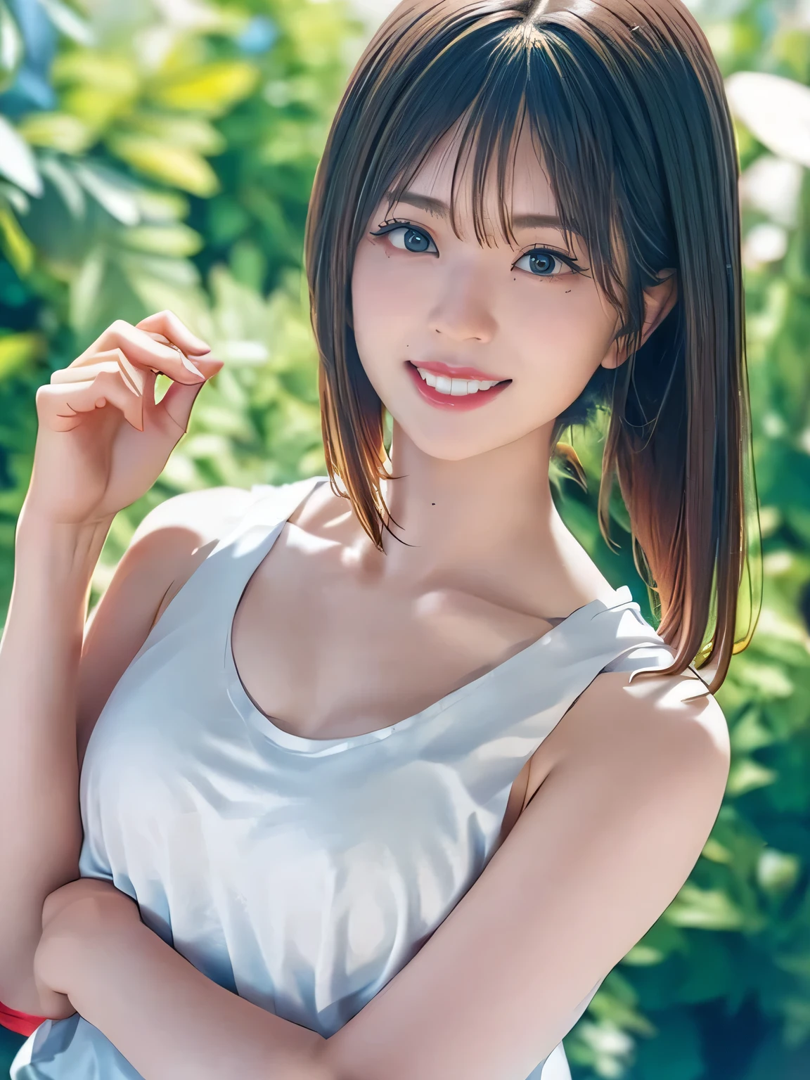 1girl, woman, 25 years old woman, girl in summer clothes, beautiful, medium breasts, flirtatious look, ((very detailed)), (perfectly detailed face), (well detailed hand), photorealistic image, high res, 1girl, woman, ((tanktop jersey:1.78)), looking at viewer:1.8, (1girl eyes looking at viewer:1.55), camisole, Upper body, Plain costumes, Simple Background, Emphasis on the chest, Hands behind the body, White outfit, photorealistic, (bokeh), best quality, 8k, UHD, UHD
