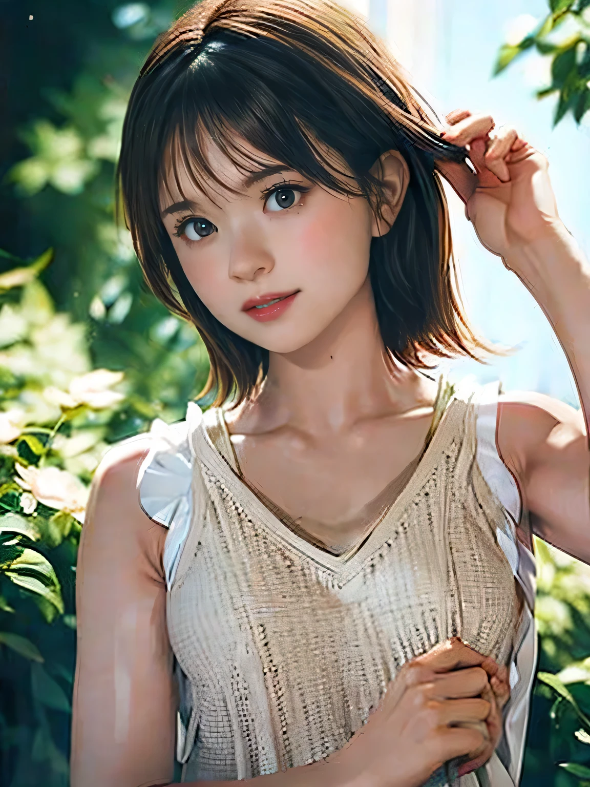 1girl, woman, 25 years old woman, girl in summer clothes, beautiful, medium breasts, flirtatious look, ((very detailed)), (perfectly detailed face), (well detailed hand), photorealistic image, high res, 1girl, woman, ((tanktop jersey:1.78)), looking at viewer:1.8, (1girl eyes looking at viewer:1.55), camisole, Upper body, Plain costumes, Simple Background, Emphasis on the chest, Hands behind the body, White outfit, photorealistic, (bokeh), best quality, 8k, UHD, UHD
