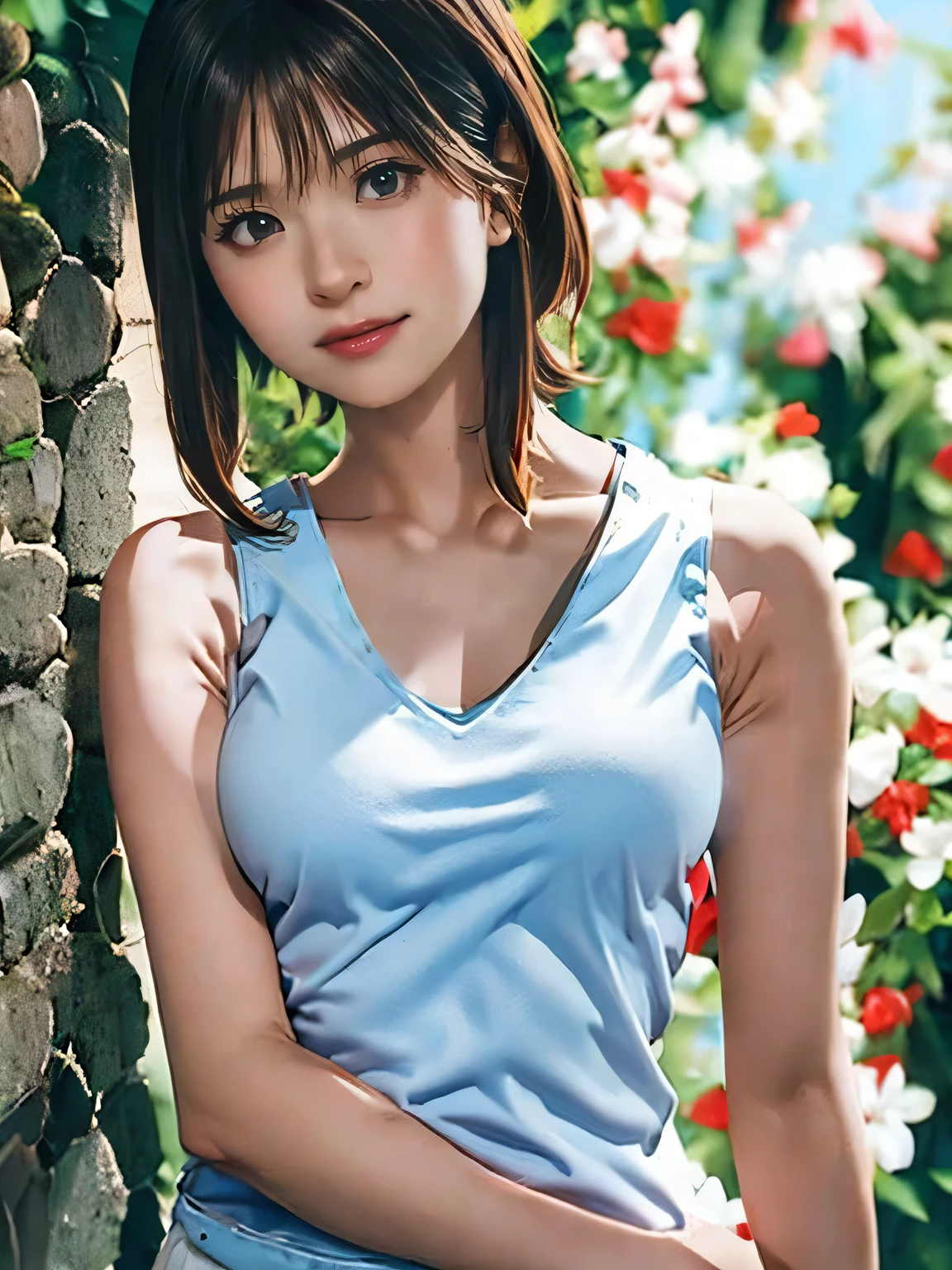 1girl, woman, 25 years old woman, girl in summer clothes, beautiful, medium breasts, flirtatious look, ((very detailed)), (perfectly detailed face), (well detailed hand), photorealistic image, high res, 1girl, woman, ((tanktop jersey:1.78)), looking at viewer:1.8, (1girl eyes looking at viewer:1.55), camisole, Upper body, Plain costumes, Simple Background, Emphasis on the chest, Hands behind the body, White outfit, photorealistic, (bokeh), best quality, 8k, UHD, UHD
