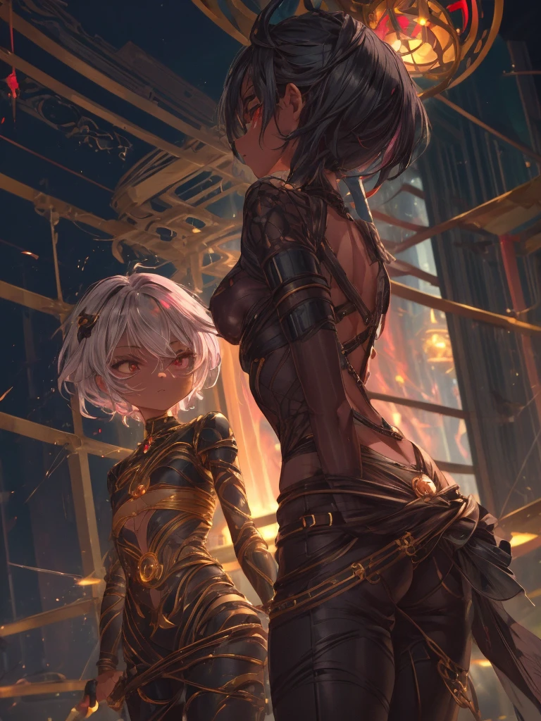 cute, chibi, childish, skinny, black skin, young girl, short pink hair, green eyes, flat chest, erect nipples, perky ass, sassy look, red eye mask, golden latex suit, tighter, intricate weave of metal rings, sexy pose, mysterious lustful hall, ecchi anime, masterpiece, dynamic back view, best score,