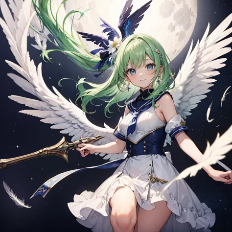 (((archangel)))　((fluffy feathers　smile　big feather　holding a bow))，((white dove　big full moon))，(end of the galaxy　shooting sta...