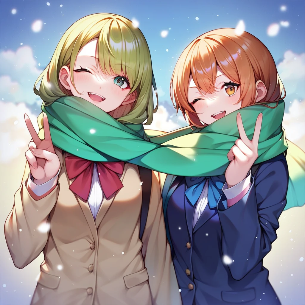 score_9,score_8_up,score_7_up,masterpiece,best_quality,
source_anime,
shared_scarf,
2girls,
wink,
school_uniform,
head_tilt,
peace_sign,
snowing,
 